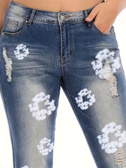 Floral Print Ripped Straight Leg Jeans