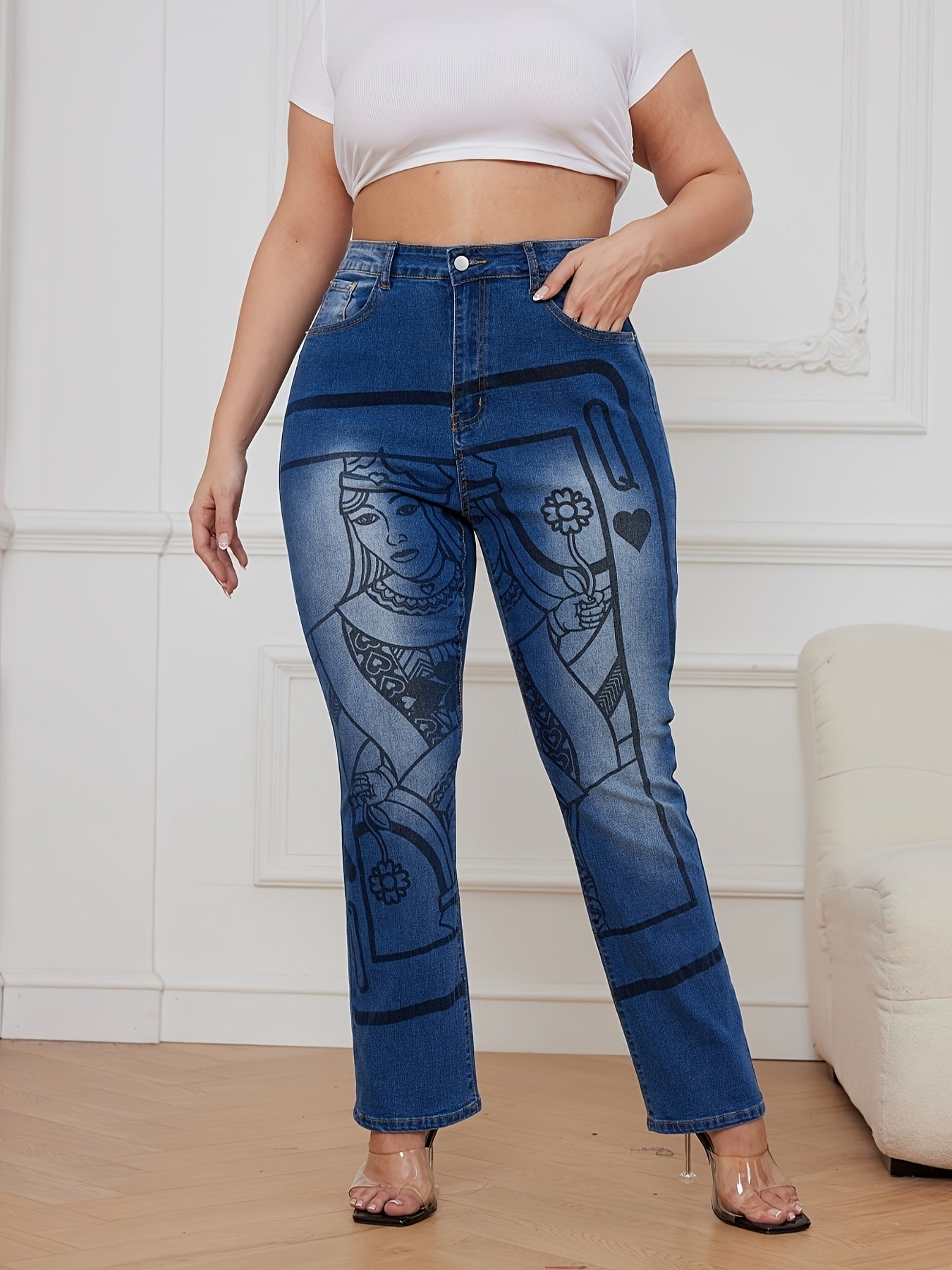 Poker Print High Rise Straight Leg Jeans