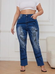 Poker Print High Rise Straight Leg Jeans