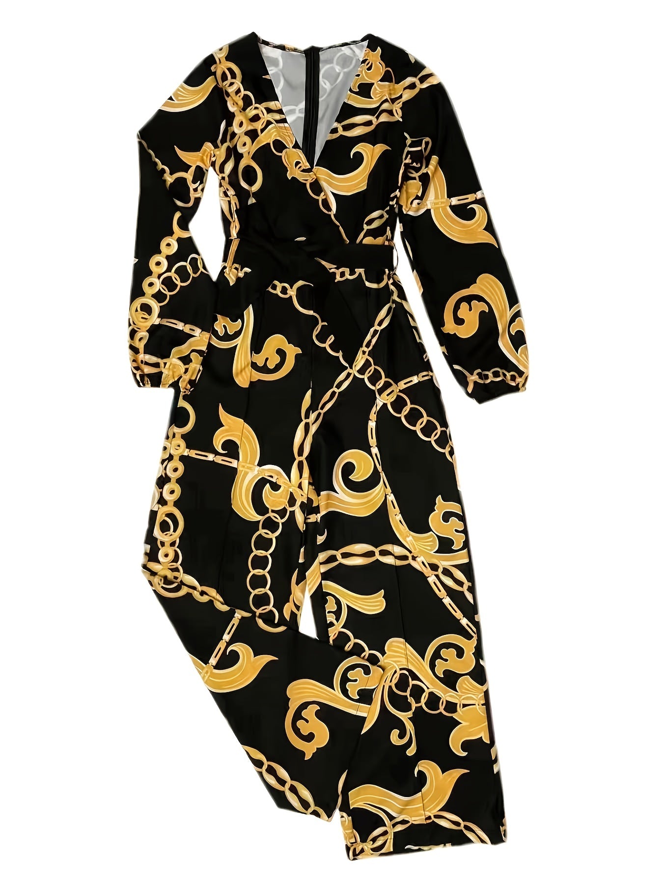 Chain Print Belted Wide Leg Jumpsuit Long Sleeve V-Neck