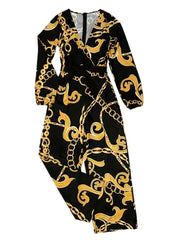 Chain Print Belted Wide Leg Jumpsuit Long Sleeve V-Neck