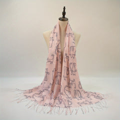 Cartoon Cat Print Tassel Scarf Solid Shawl Casual Windproof Head Wrap Women