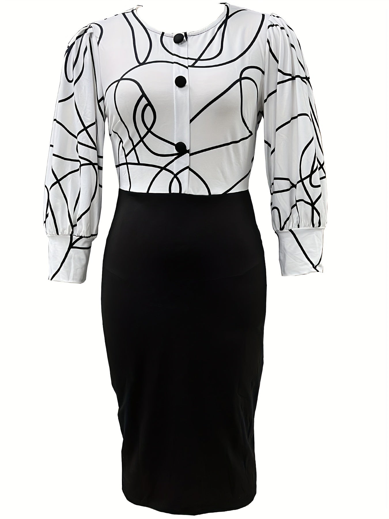 Abstract Print Split Dress Lantern Sleeve Crew Neck