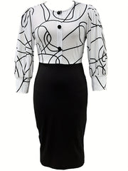 Abstract Print Split Dress Lantern Sleeve Crew Neck