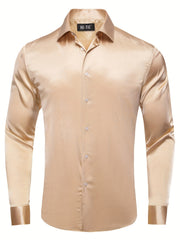 Men's Silk Button Down Long Sleeve Shirt for Wedding or Regular Fit