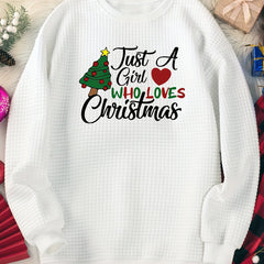 Women's Plus Christmas Tree & Slogan Print Long Sleeve Waffle Top
