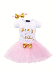 Sweet Party Baby Girls Gown Romper Lace Skirt Hairband 3pcs Set