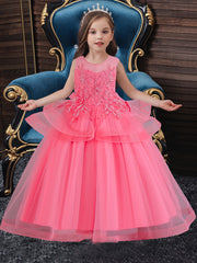 Girls Sleeveless Princess Dress Flower Embroidery Bow Decor Tulle Tutu Dress