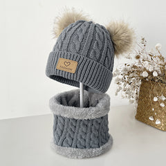 2pcs Baby Knit Scarf Hat Set Pom Pom Beanie Cap & Plush Warm Ring Neck Scarf