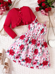 Girl's 2pcs Floral A Line Dress & Ruffle Cardigan Set Spring Autumn