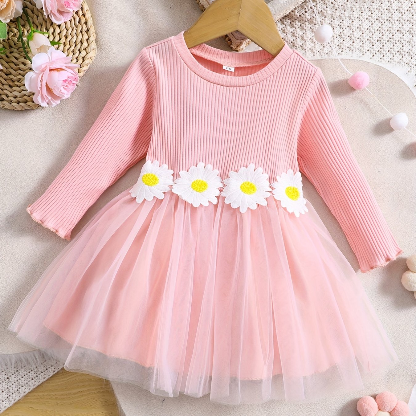 Baby Girls Mesh Dress with 3D Sunflower Decors