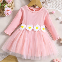 Baby Girls Mesh Dress with 3D Sunflower Decors