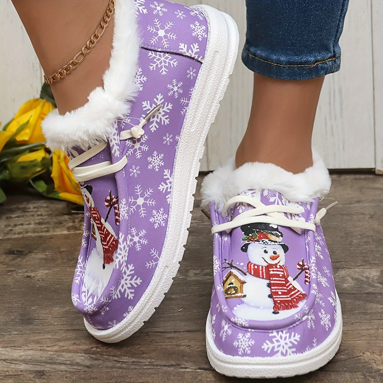Women's Winter Snow Boots Snowmen Snowflakes Plus Plush Lace-up Flat Skateboa