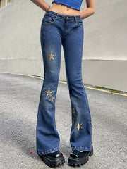 Golden Star Embroidery Flare Leg Jeans Y2K Bell Bottoms
