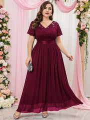 Floral Lace Ruffle Sleeve V Neck Evening Dress