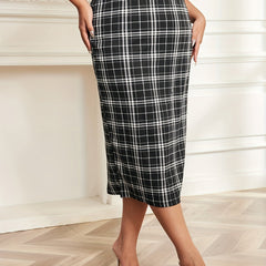 Women's Plus Plaid Print High Rise Slim Fit Midi Skirt