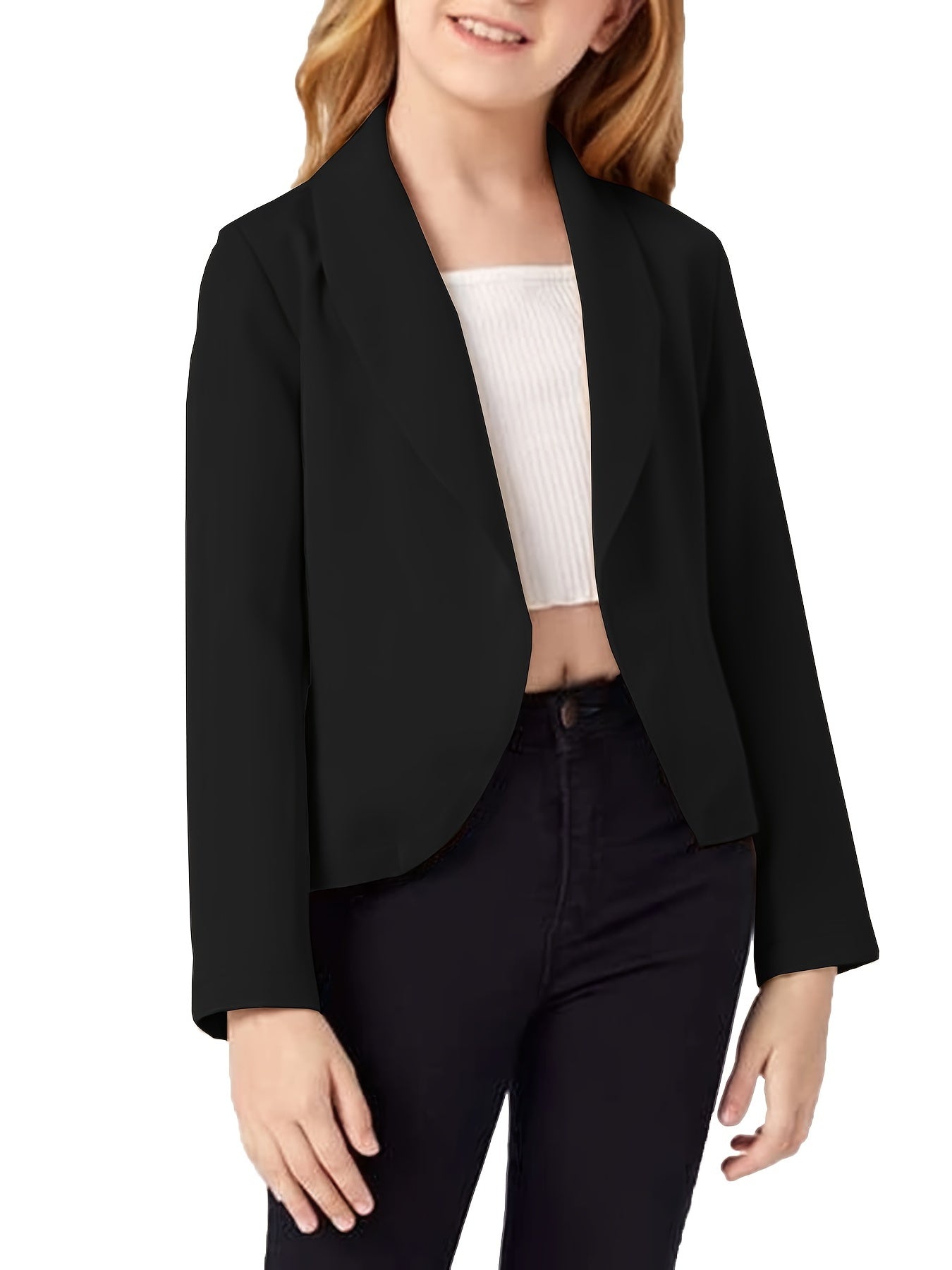 Girls Open Front Shawl Collar Crop Blazer Top