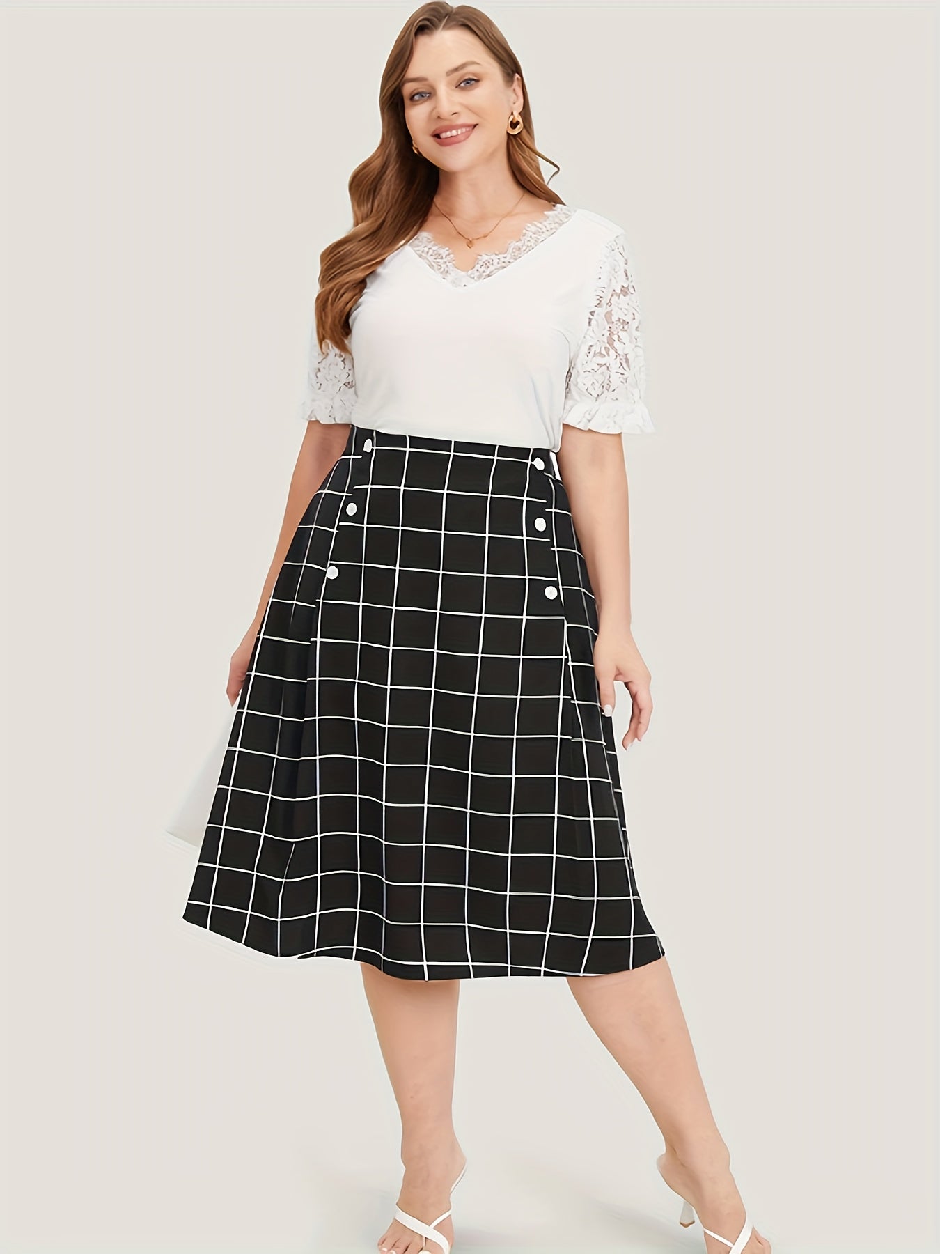 Gird Print Button High Rise Knee Length Skirt