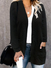 Solid Jacquard Long Sleeve Open Front Cardigan With Pockets