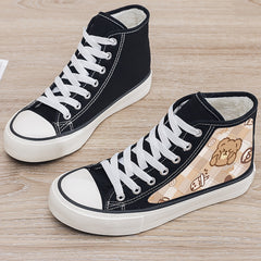 Bear Print Plush Lined Thermal Chunky Canvas Sneakers Flat Heighten