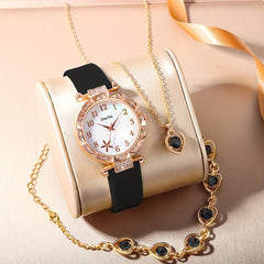 Stylish Rhinestone Studded Quartz Watch & Kids Heart Jewelry Set