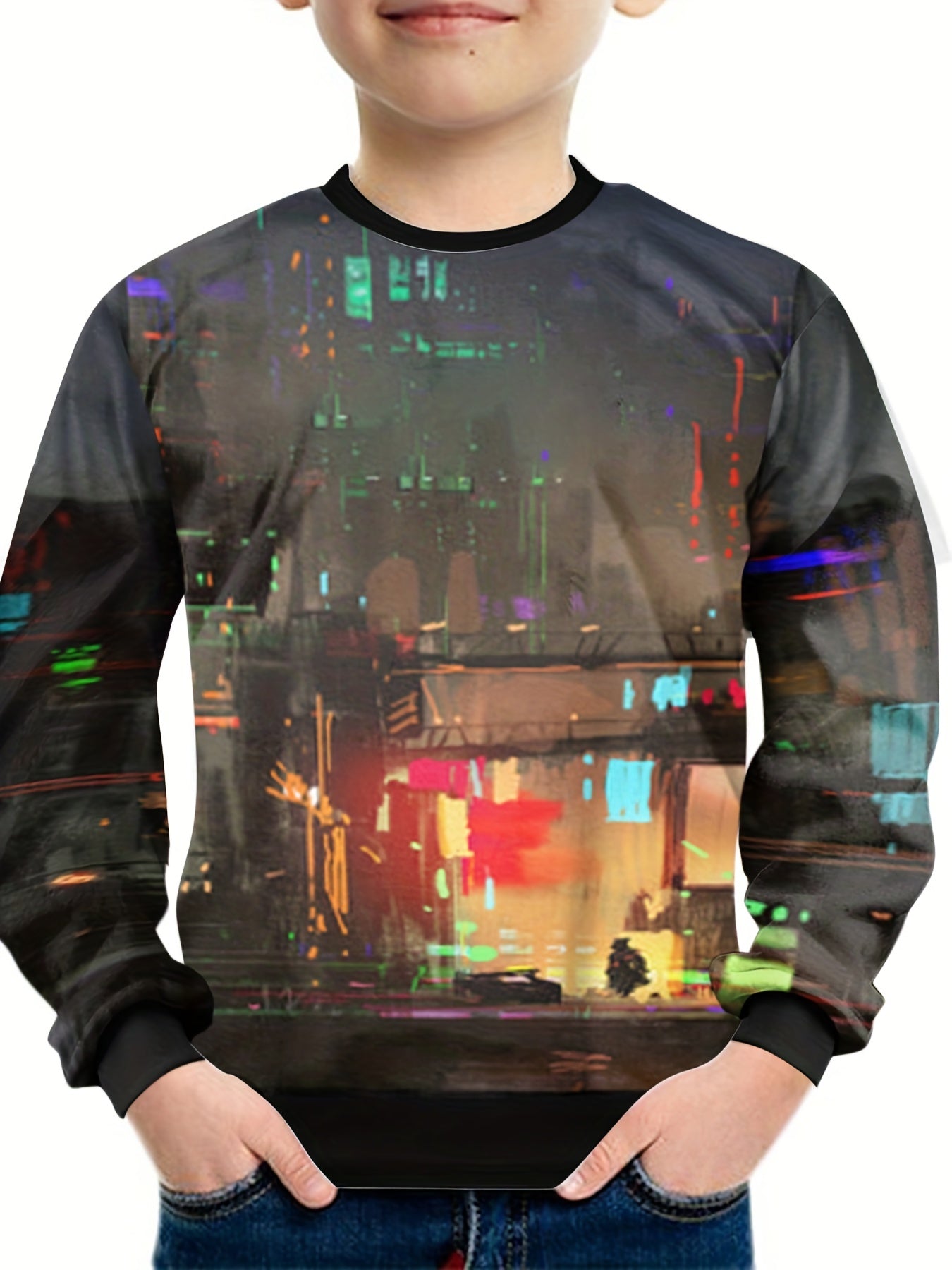 3D City Print Kid's Pullover Top for Spring Fall Winter