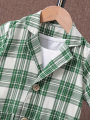Boys Plaid Suit Short Sleeve Shirt&Vest&Shorts Kids Summer Clothing