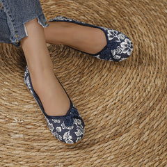 Women's Floral Printed Linen Flat Shoes Slip On Canvas Flats