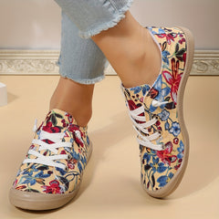 Flower Pattern Canvas Lace-Up Flat Sneakers for Women