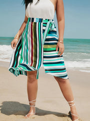 Sports Skirt Women's Colorful Stripe Print Knot Split Skirt