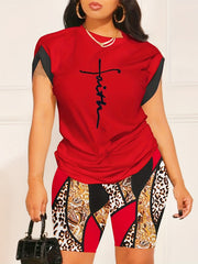 Women's Plus Cross Print Tee & Leopard Shorts Outfit Set