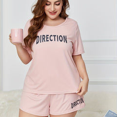 Letter Print Pajama Set Ribbed Short Sleeve Top & Shorts Two Piece