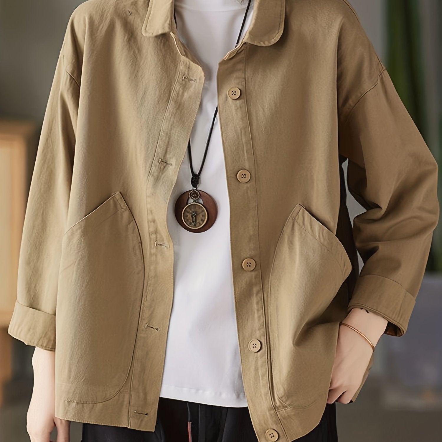 Button Front Collar Jacket Solid Outerwear Women's Clothing