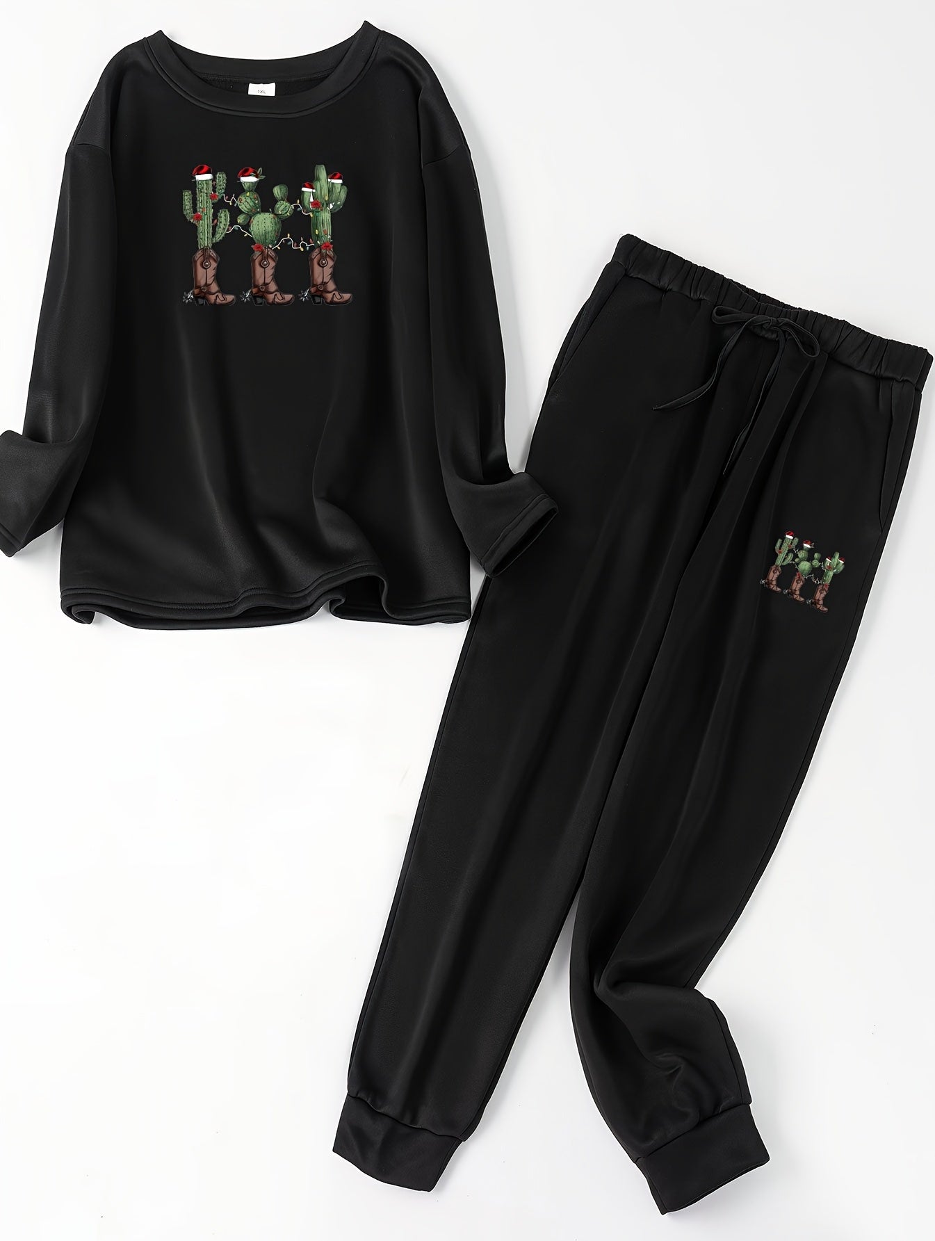 Cactus Print Loungewear Set Long Sleeve Top & Pants Pajama 2 Piece