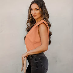 Solid Padded Shoulder Top Casual Crew Neck Summer Versatile Top