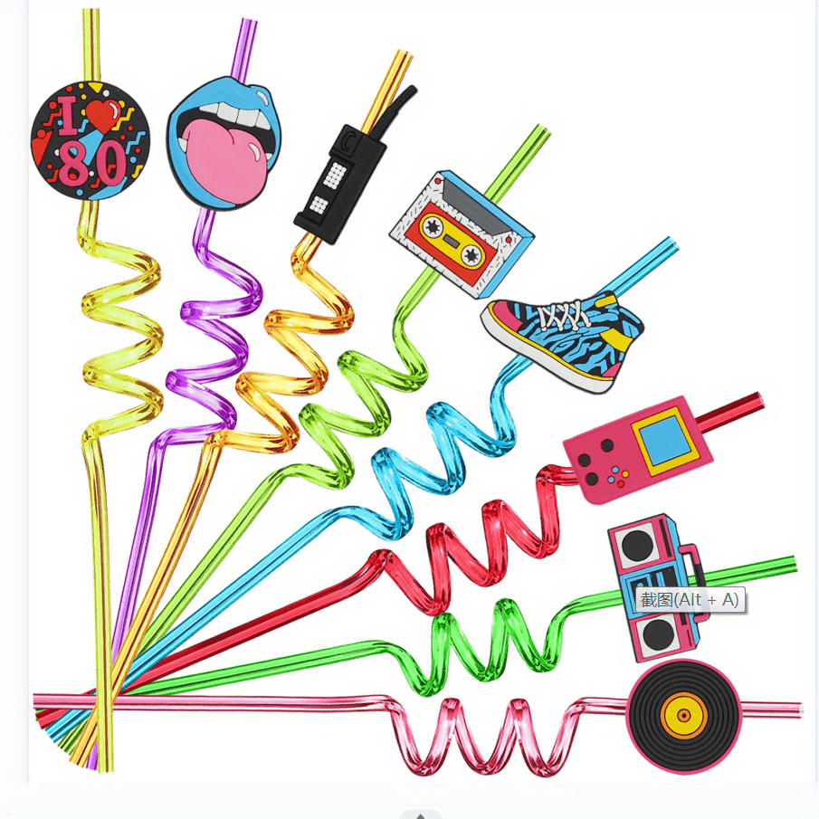 8pcs 80s Theme Reusable Drinking Straws for Family Gatherings, Birthday Parties