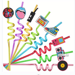8pcs 80s Theme Reusable Drinking Straws for Family Gatherings, Birthday Parties