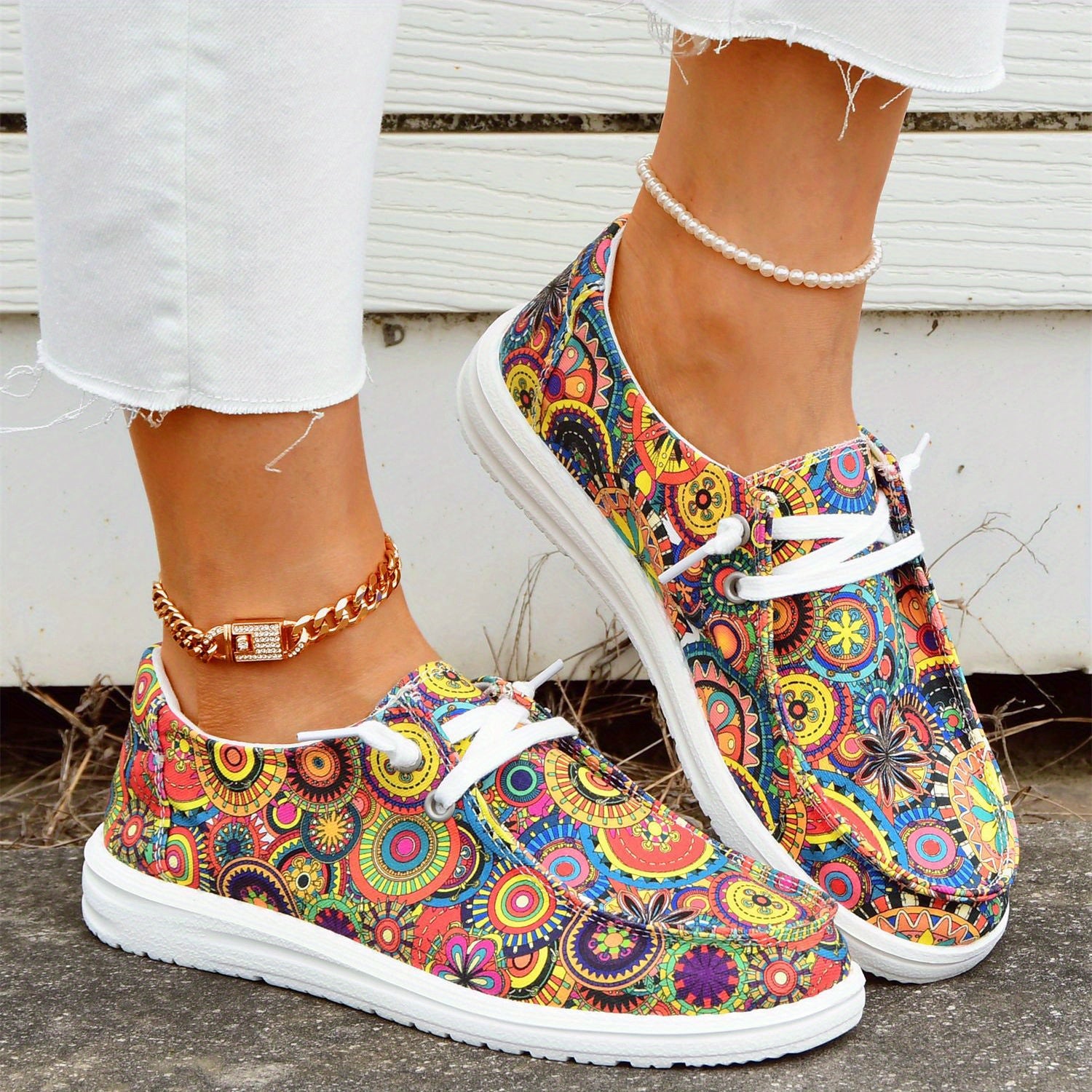 Women's Floral Printed Canvas Flats Casual Walking Sneakers