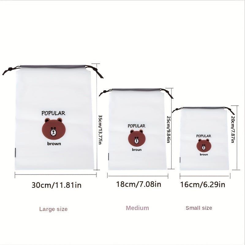3 Pcs Bear Print Drawstring Storage Pouch Lightweight Shoes Bag
