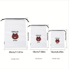 3 Pcs Bear Print Drawstring Storage Pouch Lightweight Shoes Bag