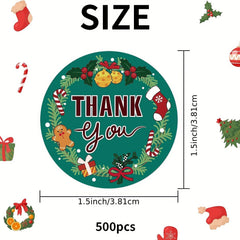 500pcs Christmas Thank You Stickers 1.5in Round Happy Winter Holiday Sticker