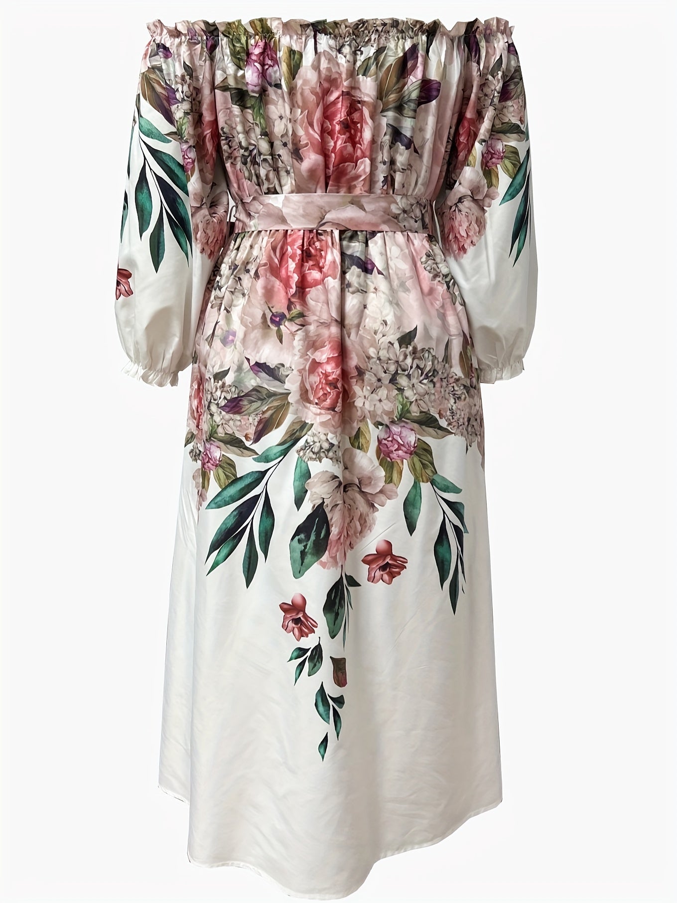 Floral Print Maxi Dress Off Shoulder Ruffle Trim Lantern Sleeve