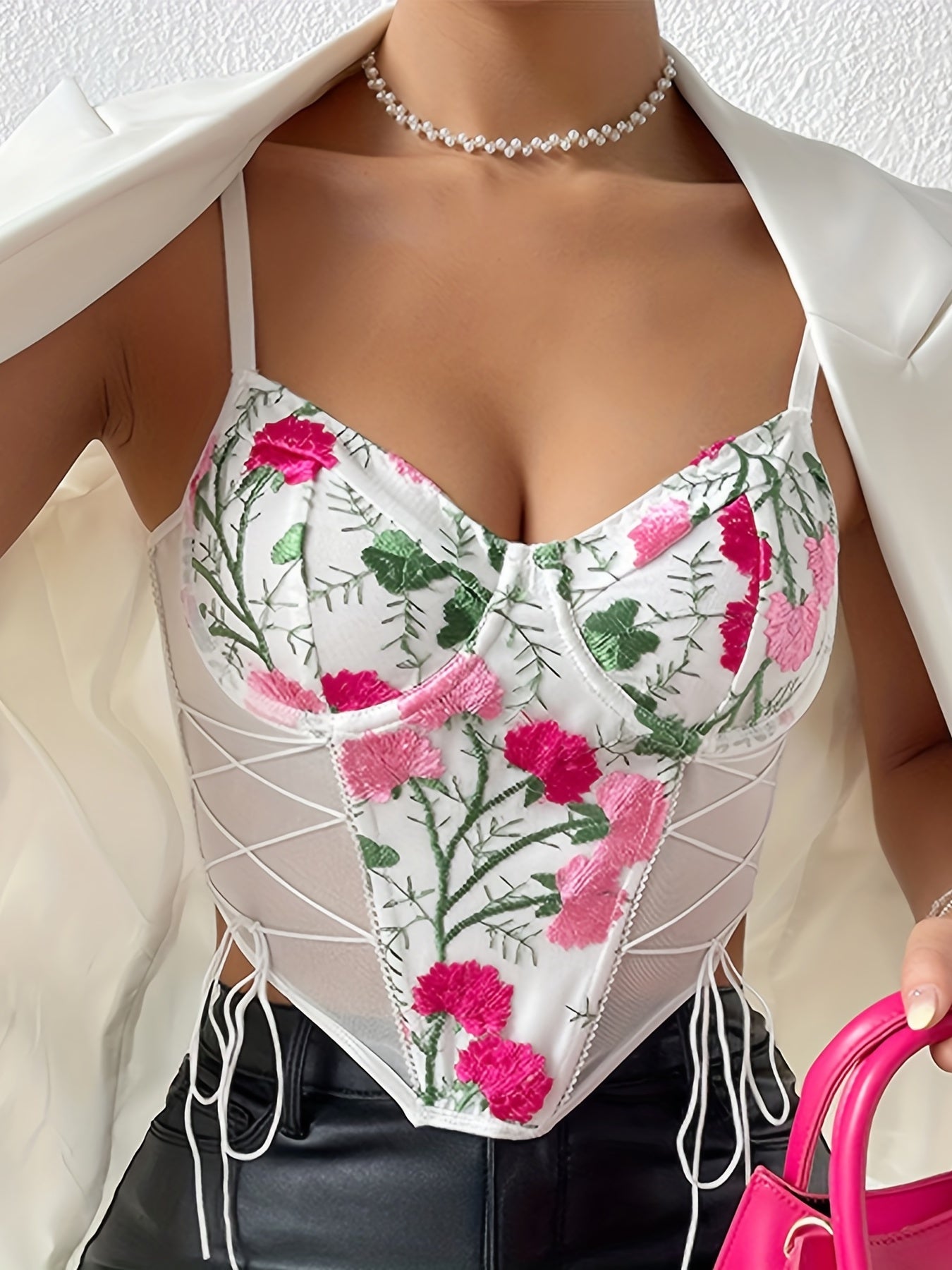 Floral Embroidered Cami Top Tie Front Sleeveless Summer Top