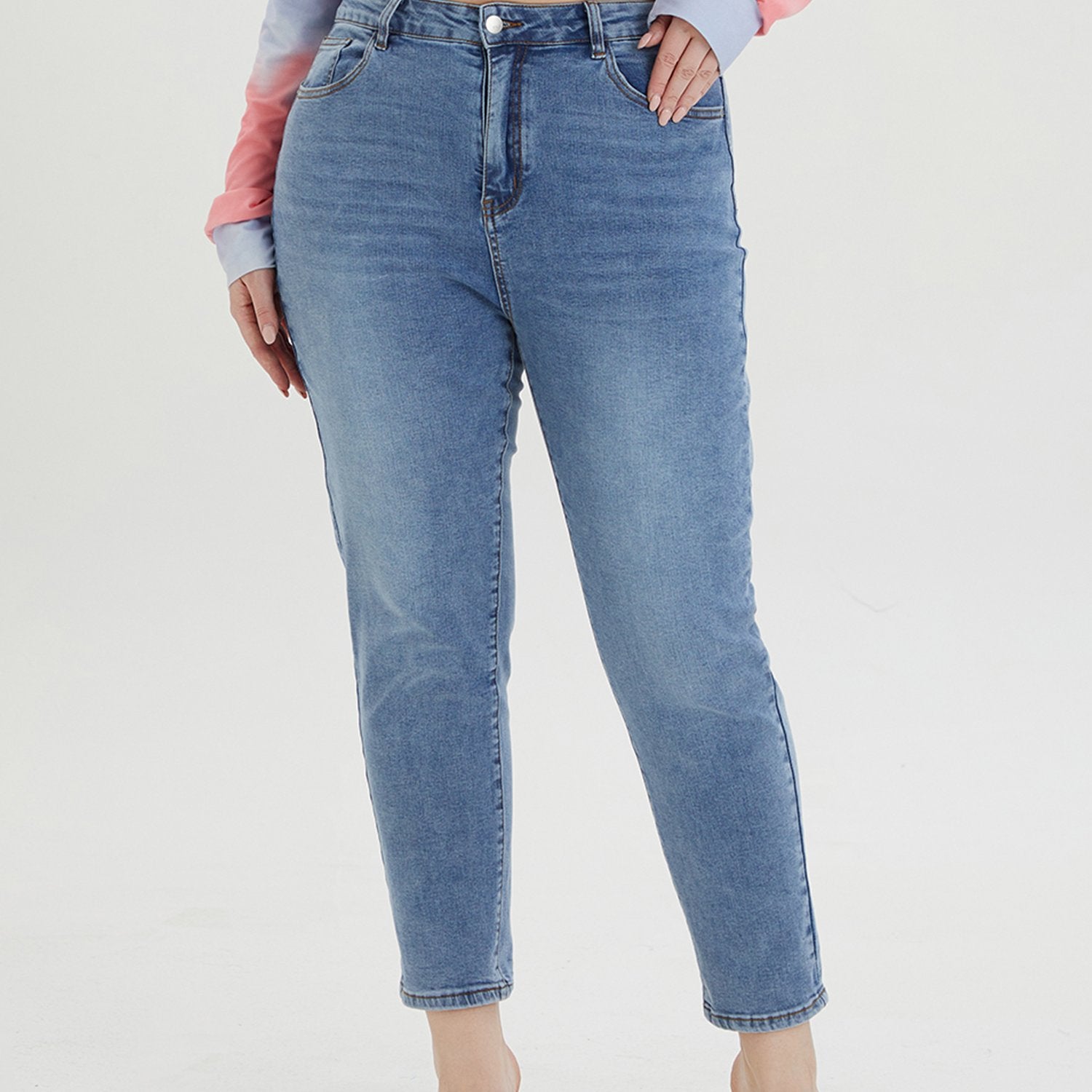 Women's Plus Washed Button Fly High Rise Stretch Jeans