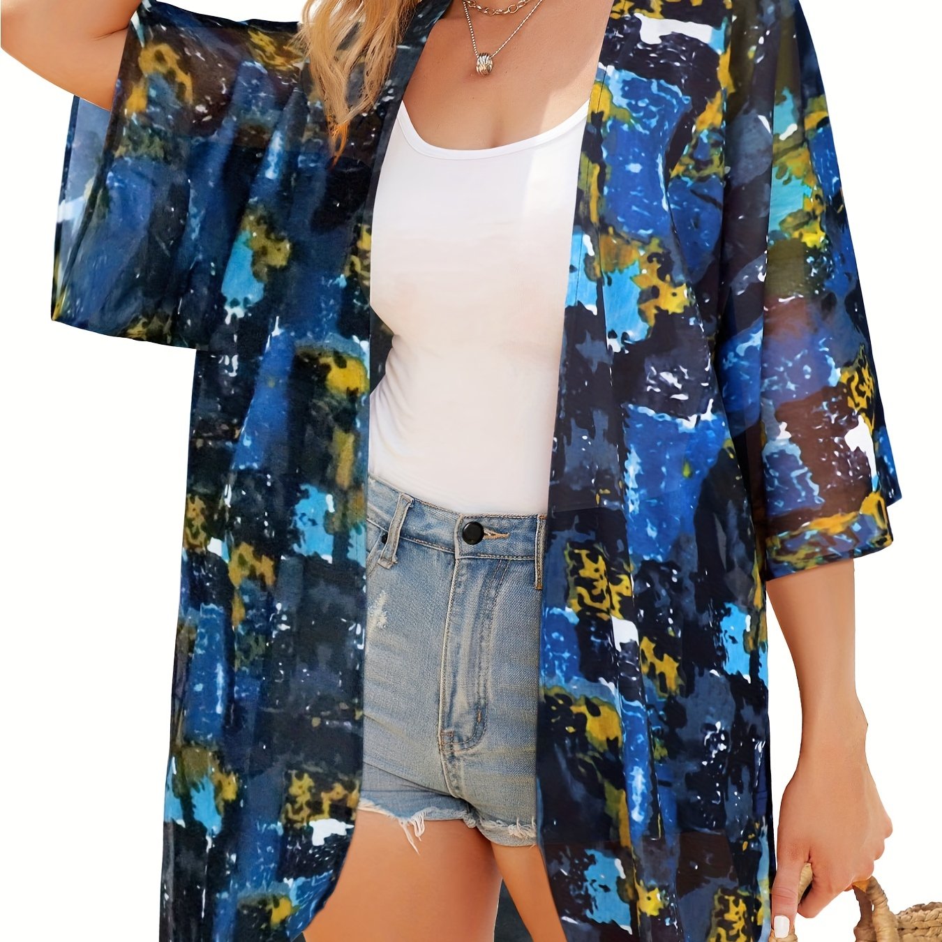 Multicolored Cover Up Shirt V Neck Half Sleeves Non Stretch Beachwear