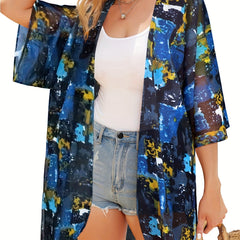 Multicolored Cover Up Shirt V Neck Half Sleeves Non Stretch Beachwear