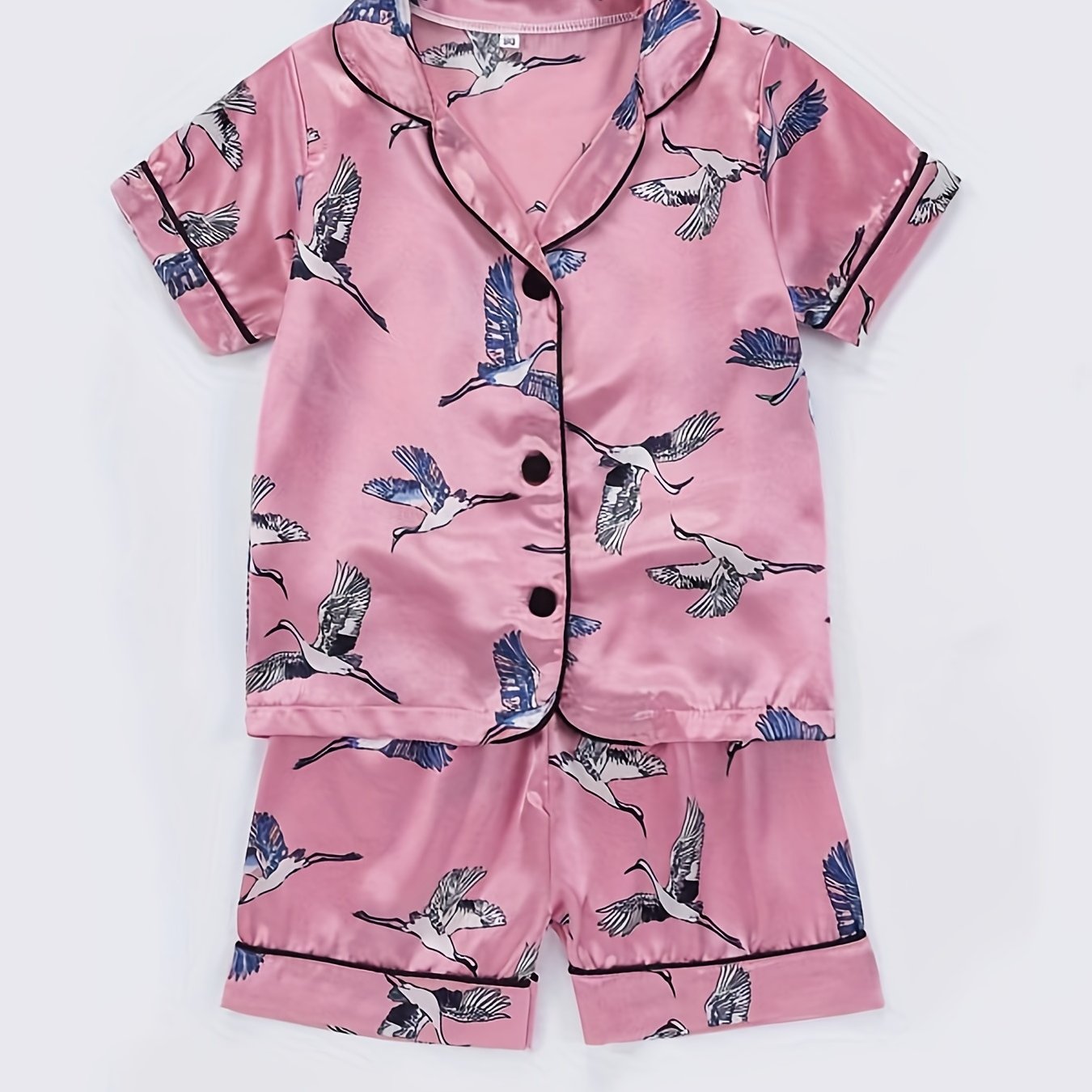 Kids Satin Pajamas Set Cartoon Birds Patterns Short Sleeve Nightwear