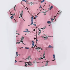 Kids Satin Pajamas Set Cartoon Birds Patterns Short Sleeve Nightwear