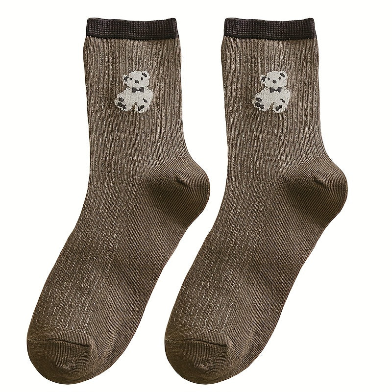 6 Pairs Cartoon Bear Print Socks Cute & Comfy Women's Mid Tube Stockings