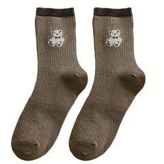 6 Pairs Cartoon Bear Print Socks Cute & Comfy Women's Mid Tube Stockings